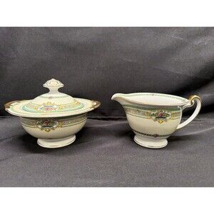 Dublin Meito Lidded Sugar And Creamer Dish Green Floral Porcelain Gold Gilding